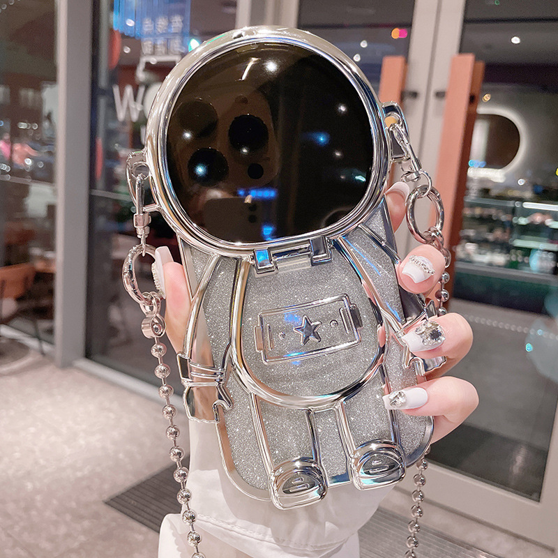 Luxury 3D Astronaut Lens Makeup Mirror Bracket Strap Phone Case For iPhone Series
