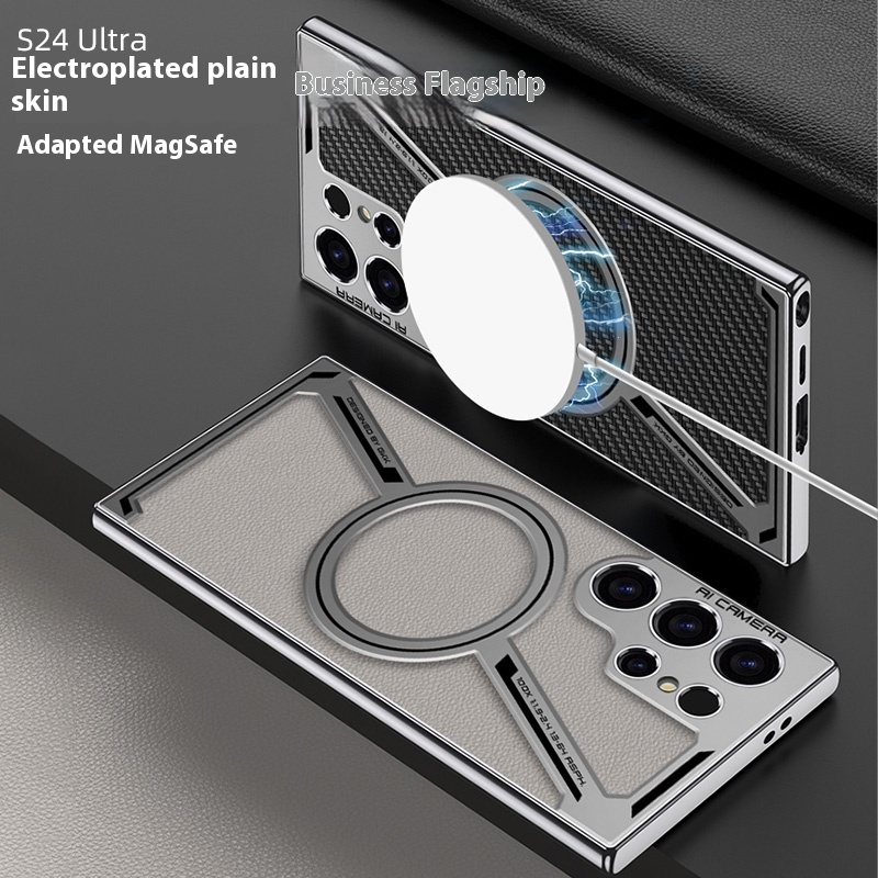 Leather Plating Z-shaped Magnetic Wireless Charging Anti Drop Cases For Samsung Galaxy S24 S23 Ultra