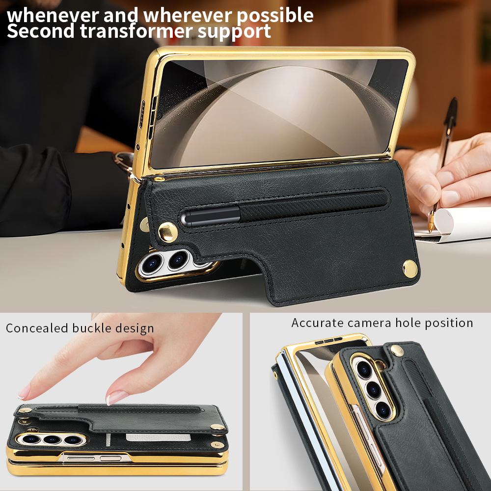 Retro Leather Card Wallet Phone Case for Samsung Galaxy Z Fold 6 5 4 With Screen Protector&Pen Slot&Hand Strap