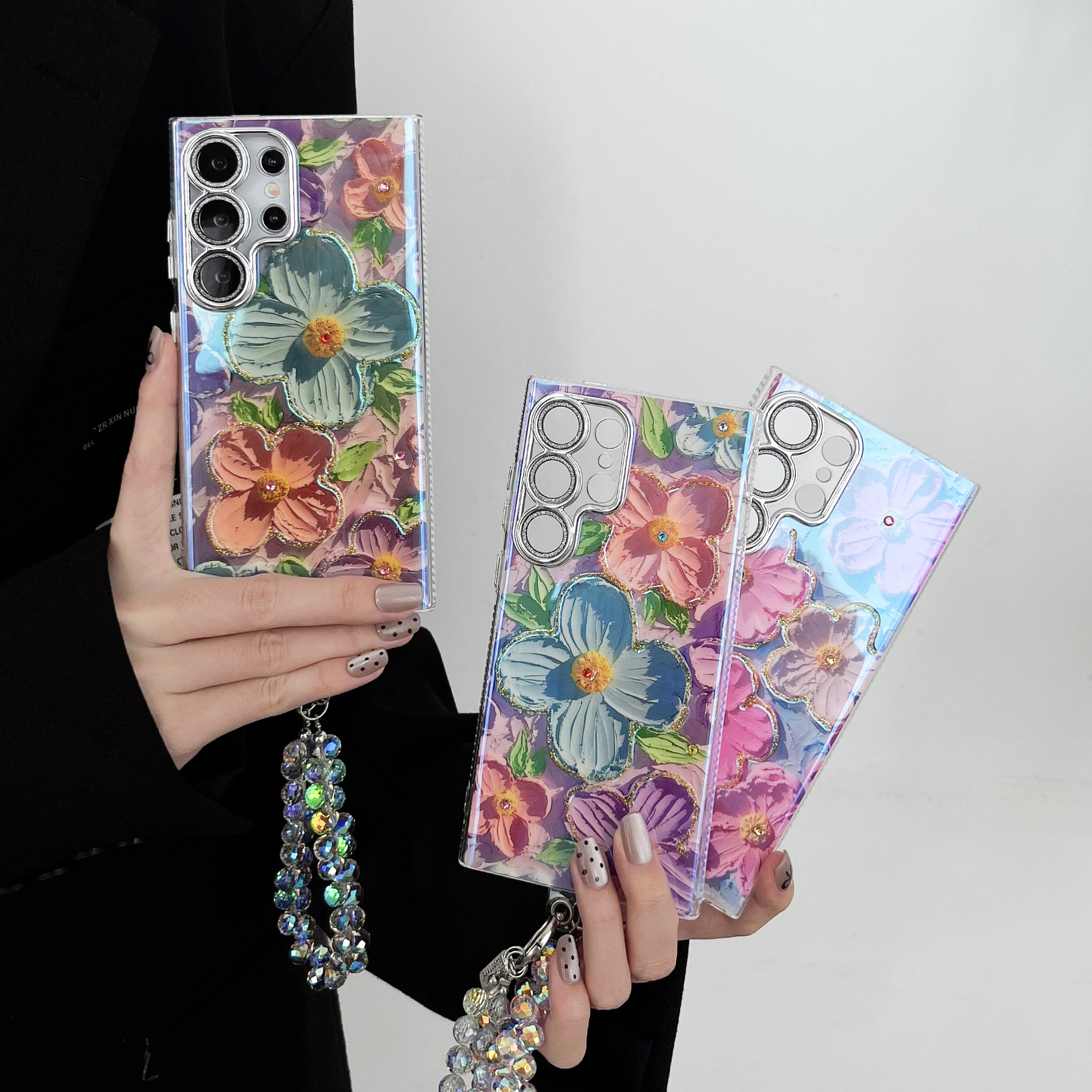 Luxury Flower Pattern Glitter Laser Colorful Phone Case With Wrist Strap For Samsung Galaxy S24 Ultra Plus