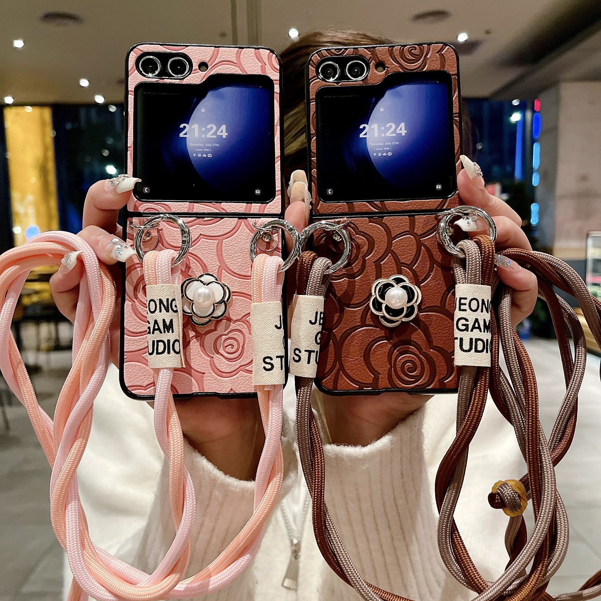 Camellia Flower Leather Crossbody Phone Case for Samsung Galaxy Z Flip 6 5 4 3