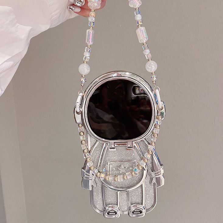 Luxury 3D Astronaut Lens Makeup Mirror Bracket Strap Phone Case For iPhone Series