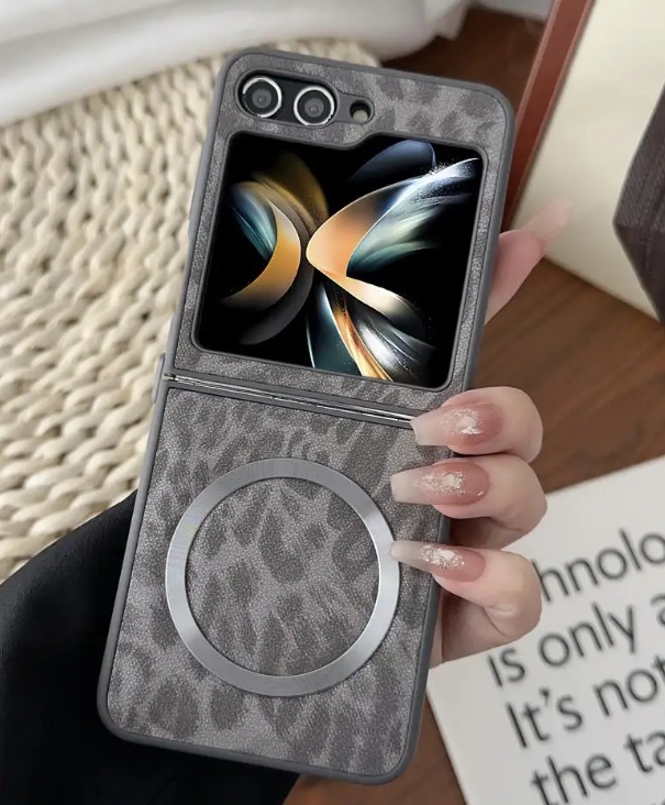 Leopard Print Matte Leather Magnetic Wireless Charging Protection Case For Samsung Galaxy Z Flip 5 4 3 