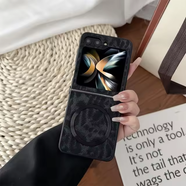 Leopard Print Matte Leather Magnetic Wireless Charging Protection Case For Samsung Galaxy Z Flip 5 4 3 