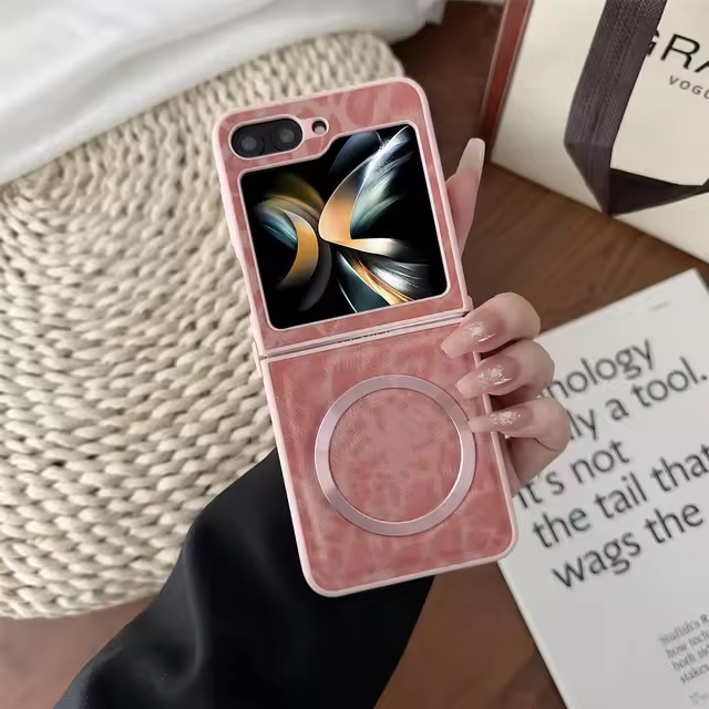 Leopard Print Matte Leather Magnetic Wireless Charging Protection Case For Samsung Galaxy Z Flip 5 4 3 