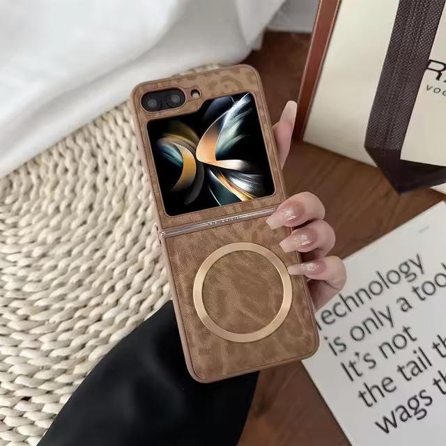 Leopard Print Matte Leather Magnetic Wireless Charging Protection Case For Samsung Galaxy Z Flip 5 4 3 