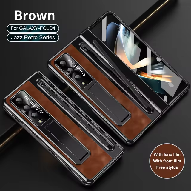 Retro Leather Electroplated Folding Stand Phone Case for Samsung Galaxy Z Fold 5 4