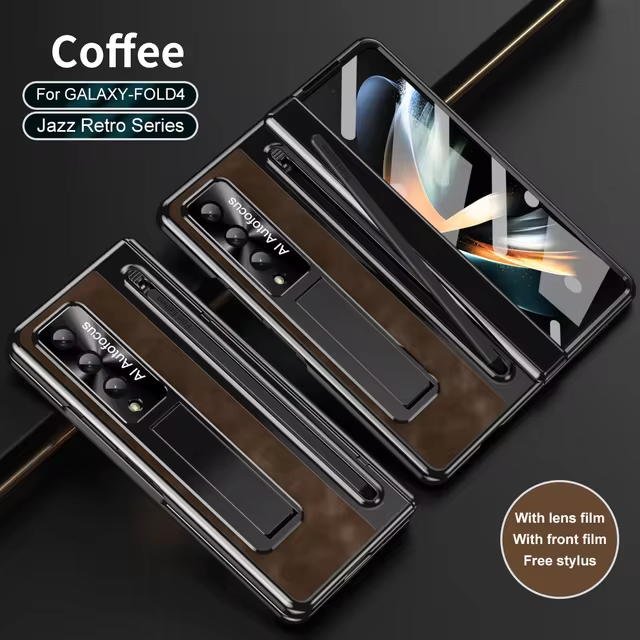 Retro Leather Electroplated Folding Stand Phone Case for Samsung Galaxy Z Fold 5 4