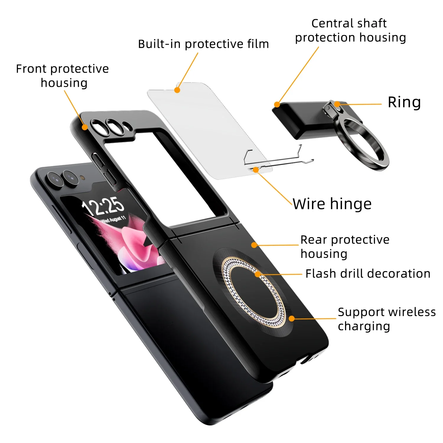 Skin Friendly Glitter Magnetic Wireless Charger Folding Hinge Bracket  Case For Samsung Galaxy Z Flip 5