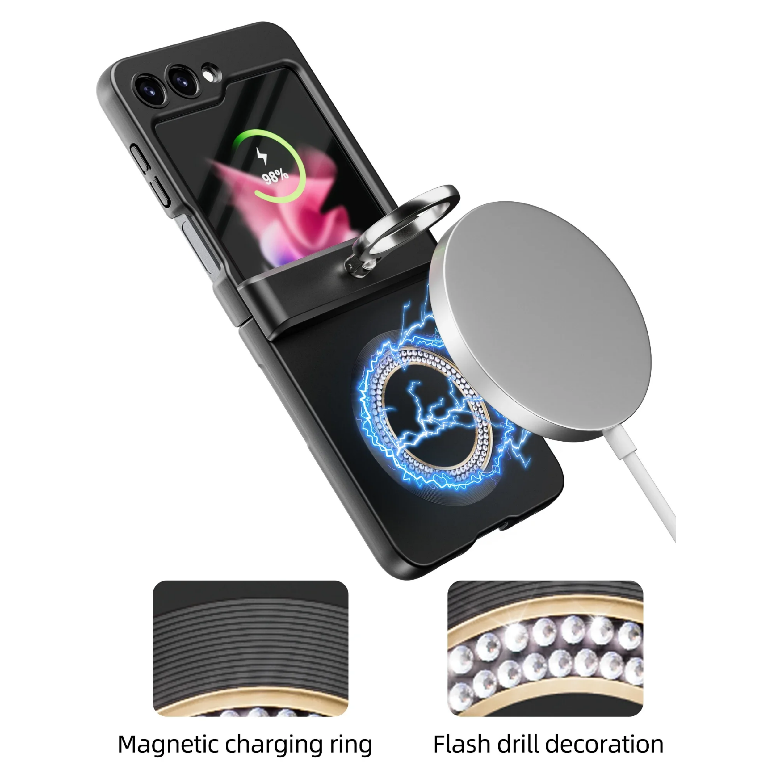 Skin Friendly Glitter Magnetic Wireless Charger Folding Hinge Bracket  Case For Samsung Galaxy Z Flip 5
