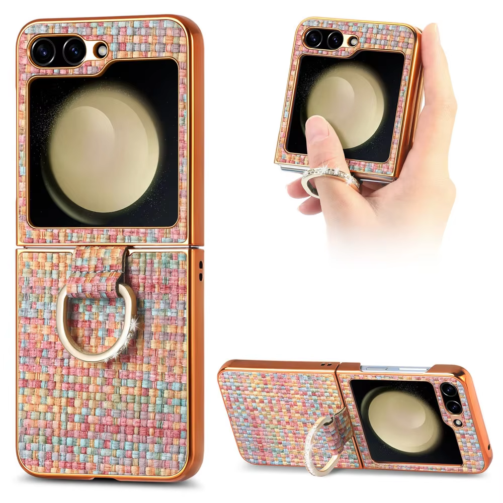 Plating Knitted Pattern Case With Ring Buckle For Samsung Galaxy Z Flip 6 5 4 3  