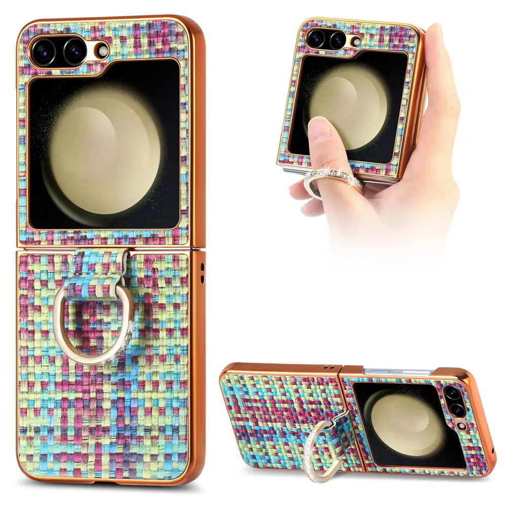 Plating Knitted Pattern Case With Ring Buckle For Samsung Galaxy Z Flip 6 5 4 3  