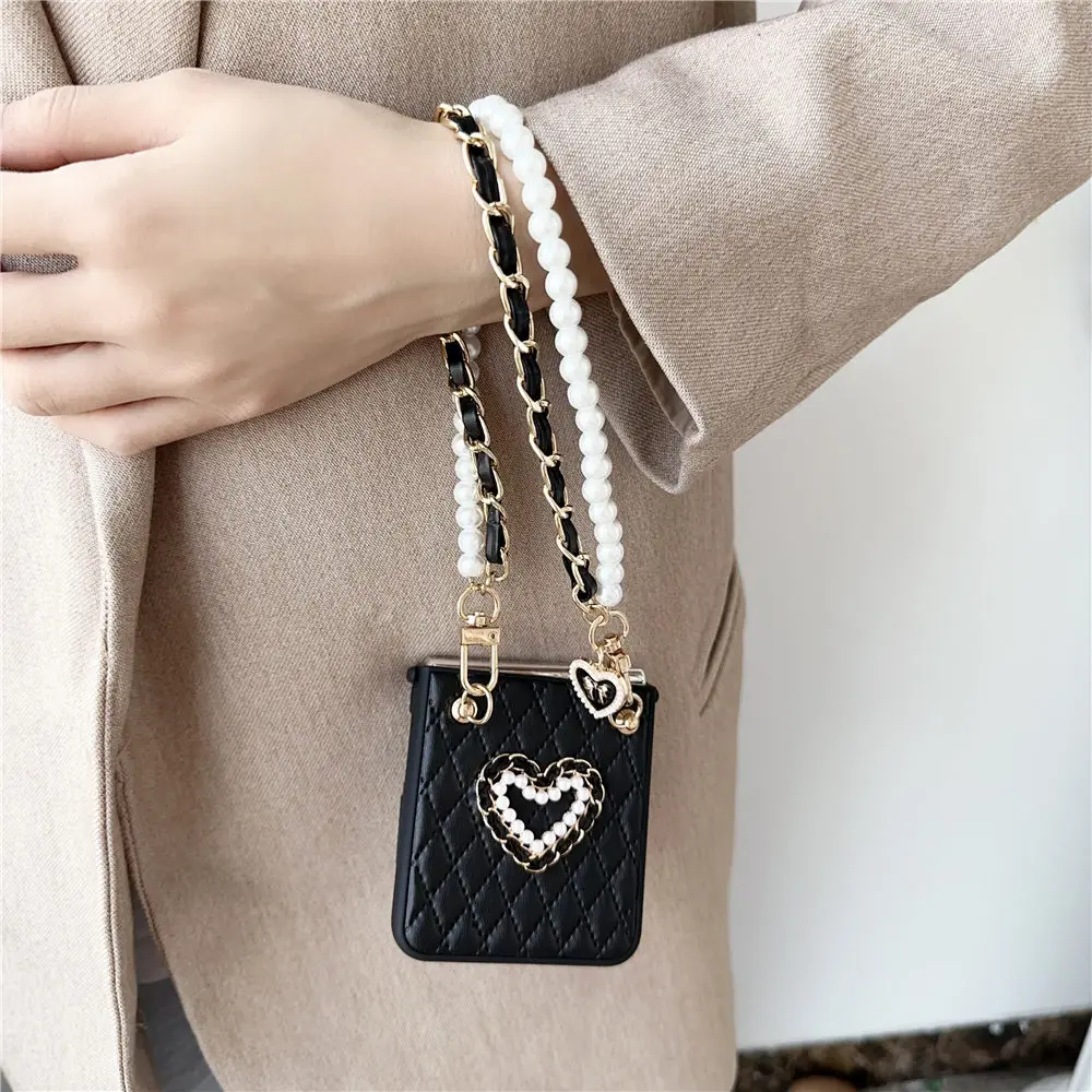 Fashion Rhombic Pearls Hand Strap Rope 3D Love Leather Case For Samsung Galaxy Z Flip 5 4 3