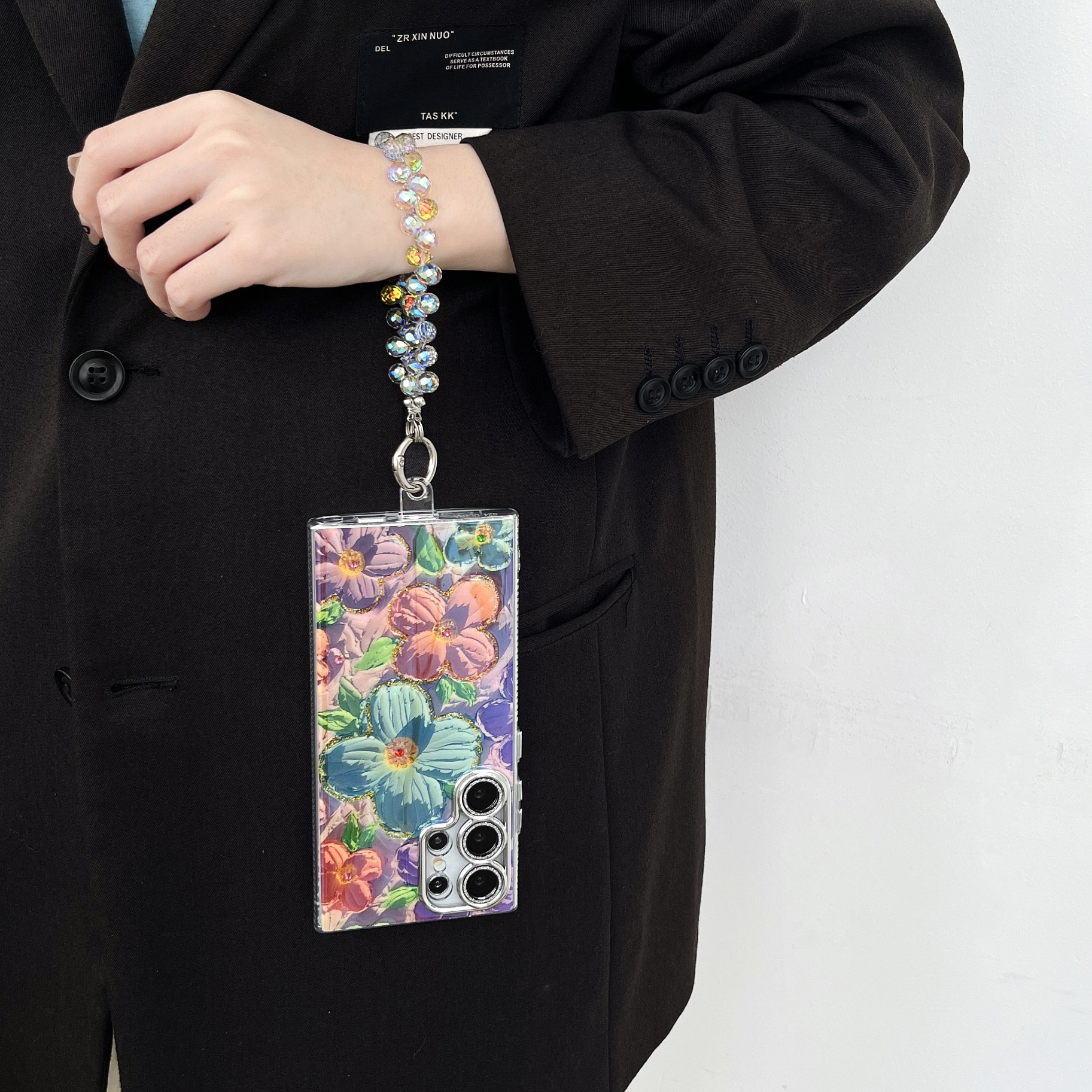 Luxury Flower Pattern Glitter Laser Colorful Phone Case With Wrist Strap For Samsung Galaxy S24 Ultra Plus