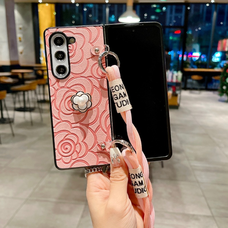 Camellia Flower Crossbody Leather Phone Case for Samsung Galaxy Z Fold 6 5 4 3