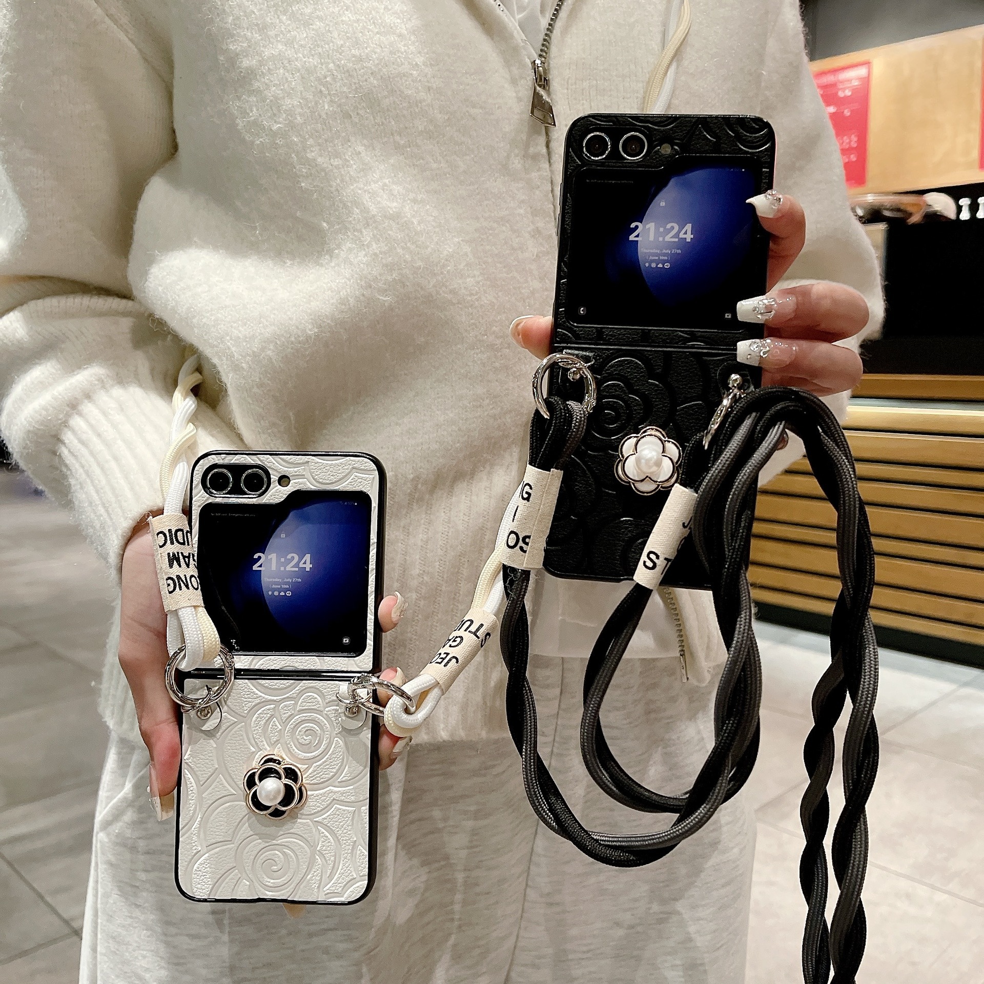 Camellia Flower Leather Crossbody Phone Case for Samsung Galaxy Z Flip 6 5 4 3