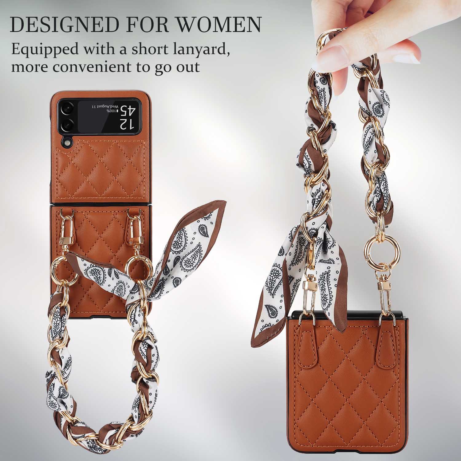Luxury Silk Scarf Strap Chain Leather Case For Samsung Galaxy Z Flip 6/5/4/3