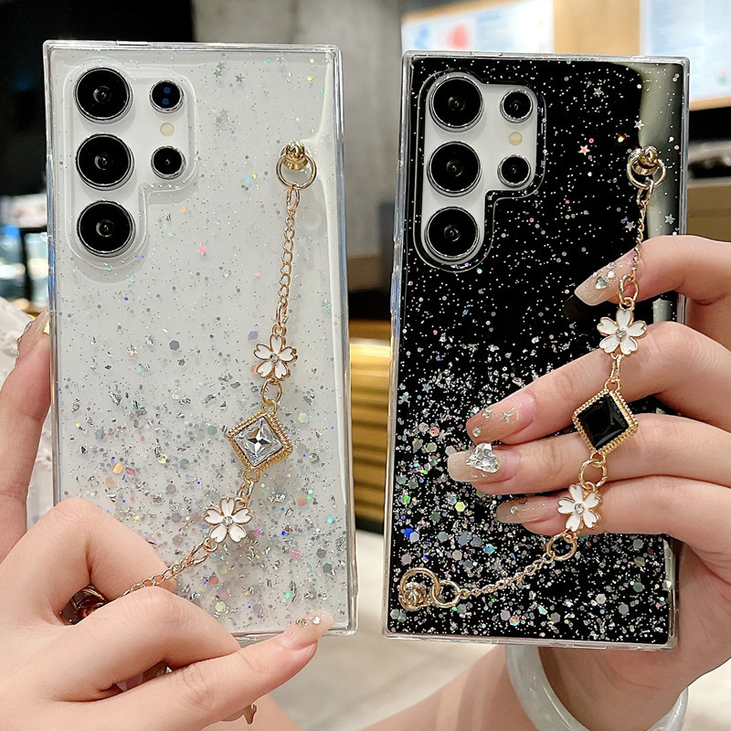 Luxury Glitter Gem Bracelet Flower Phone Cases For Samsung Galaxy S24 Plus Ultra