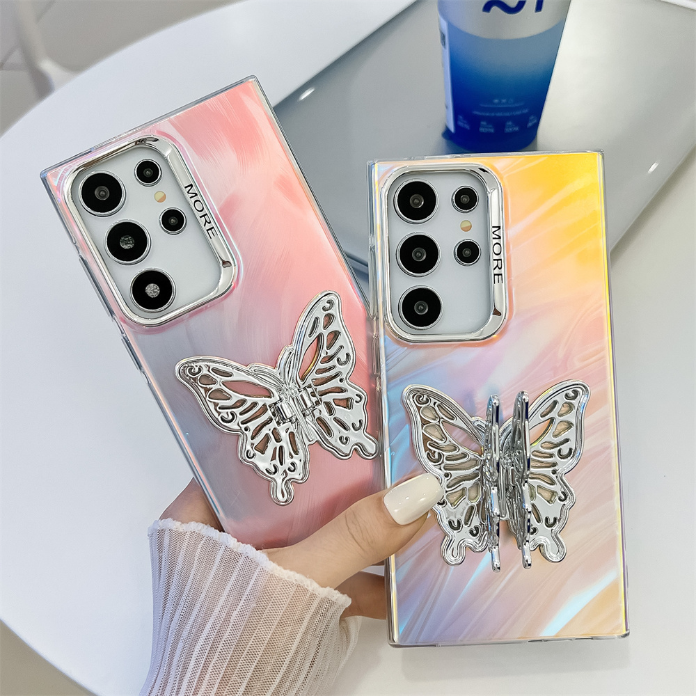 Aurora Gradient Butterfly Bracket Case for Samsung Galaxy S24 Ultra Plus