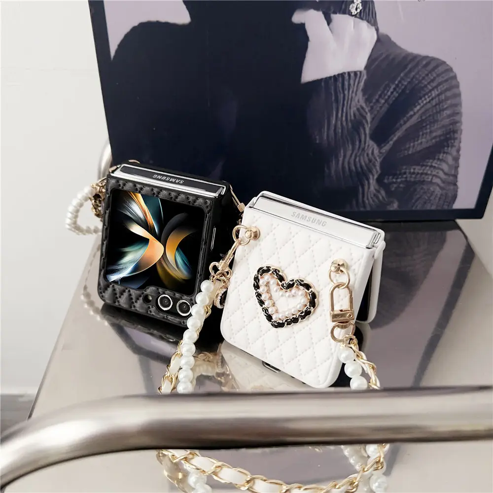 Fashion Rhombic Pearls Hand Strap Rope 3D Love Leather Case For Samsung Galaxy Z Flip 5 4 3