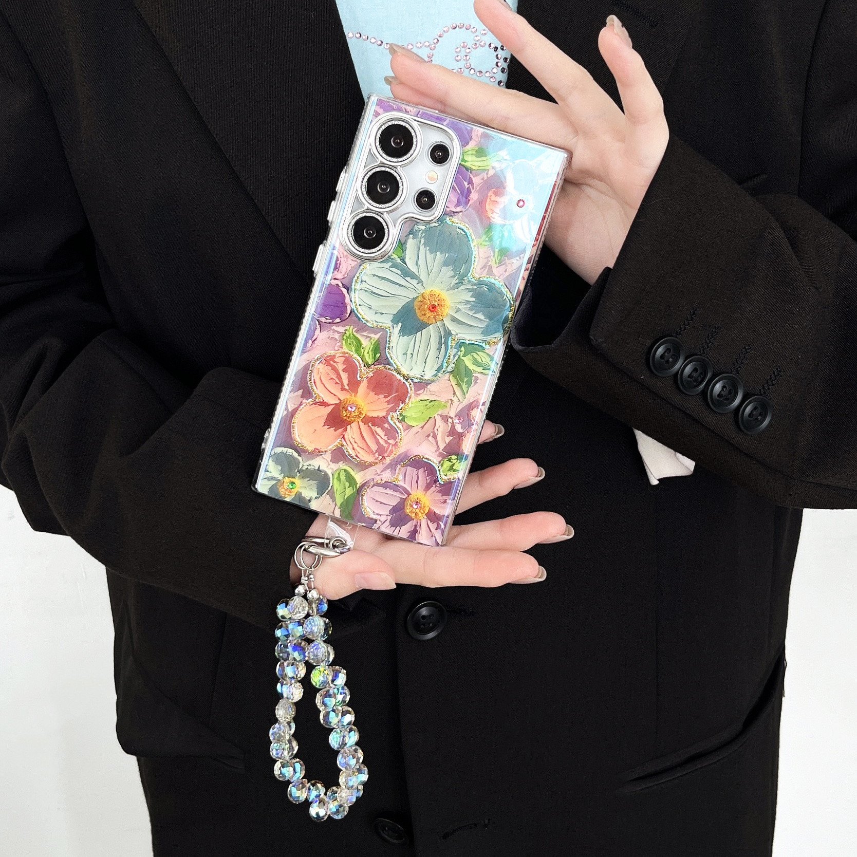 Luxury Flower Pattern Glitter Laser Colorful Phone Case With Wrist Strap For Samsung Galaxy S24 Ultra Plus