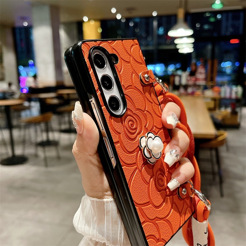 Camellia Flower Crossbody Leather Phone Case for Samsung Galaxy Z Fold 6 5 4 3