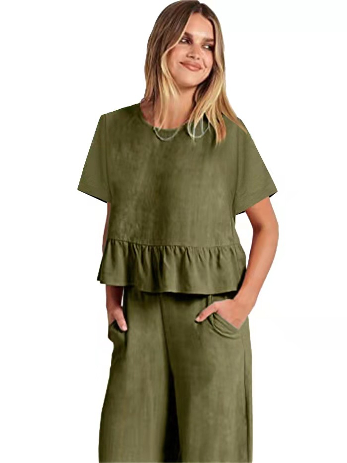 2024 Women's New Summer Short-Sleeved Pleated Wide-Leg ninth pants casual suit