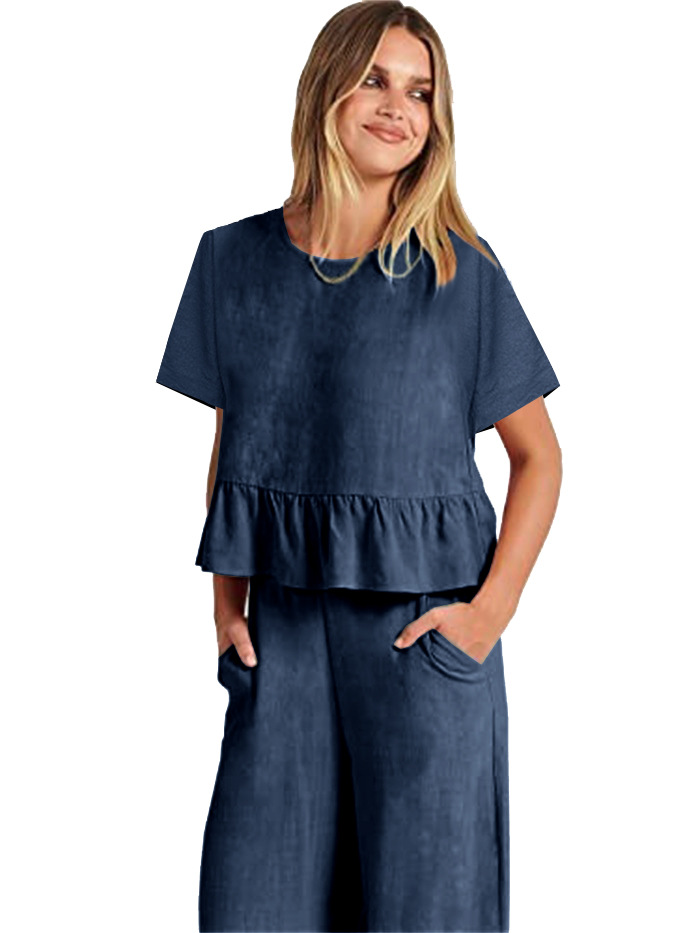 2024 Women's New Summer Short-Sleeved Pleated Wide-Leg ninth pants casual suit