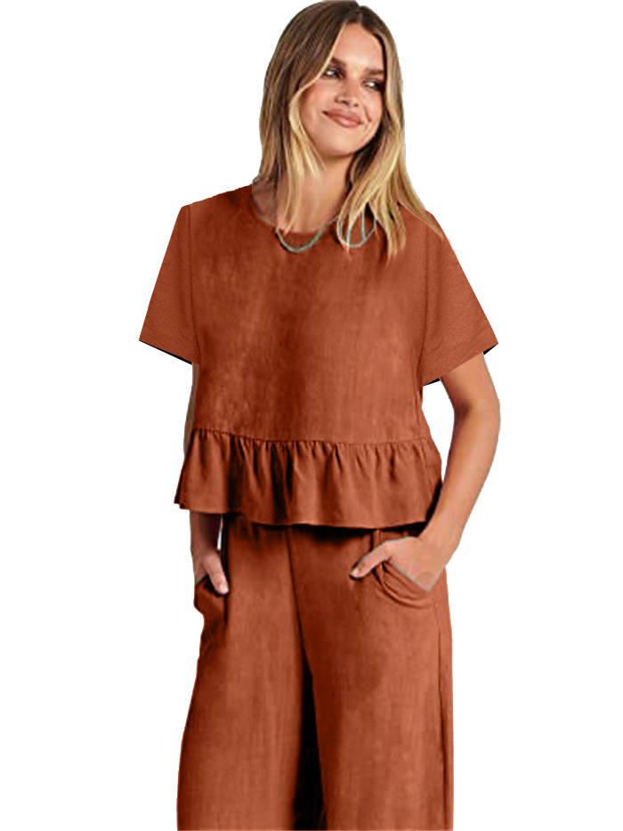 2024 Women's New Summer Short-Sleeved Pleated Wide-Leg ninth pants casual suit