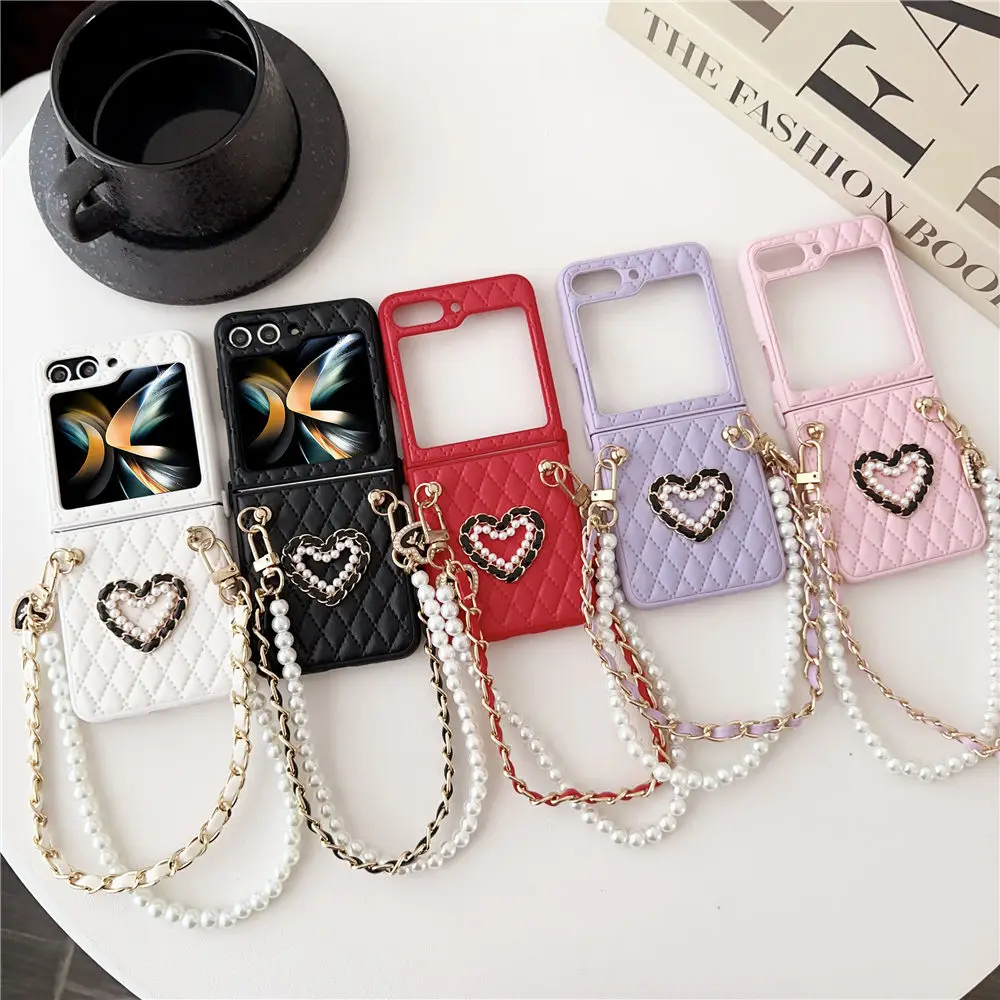 Fashion Rhombic Pearls Hand Strap Rope 3D Love Leather Case For Samsung Galaxy Z Flip 5 4 3