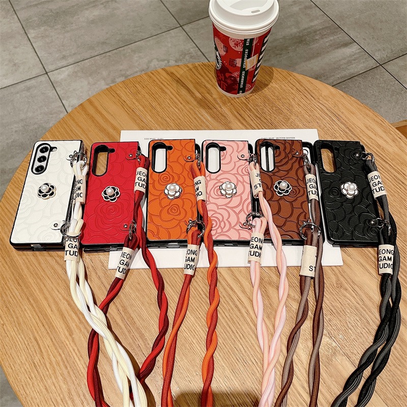 Camellia Flower Crossbody Leather Phone Case for Samsung Galaxy Z Fold 6 5 4 3