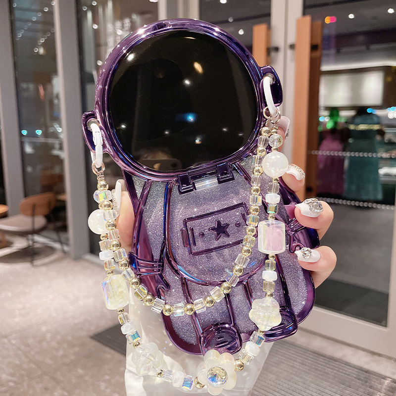Luxury 3D Astronaut Lens Makeup Mirror Bracket Strap Phone Case For iPhone Series