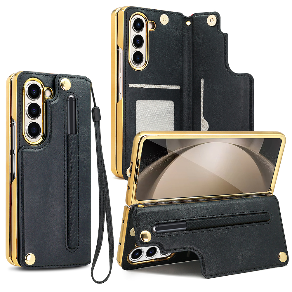 Retro Leather Card Wallet Phone Case for Samsung Galaxy Z Fold 6 5 4 With Screen Protector&Pen Slot&Hand Strap