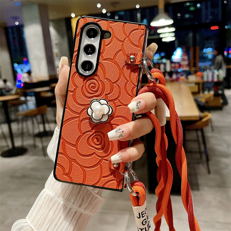 Camellia Flower Crossbody Leather Phone Case for Samsung Galaxy Z Fold 6 5 4 3