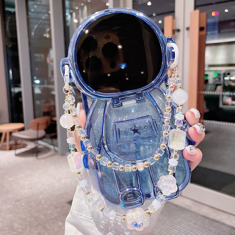 Luxury 3D Astronaut Lens Makeup Mirror Bracket Strap Phone Case For iPhone Series