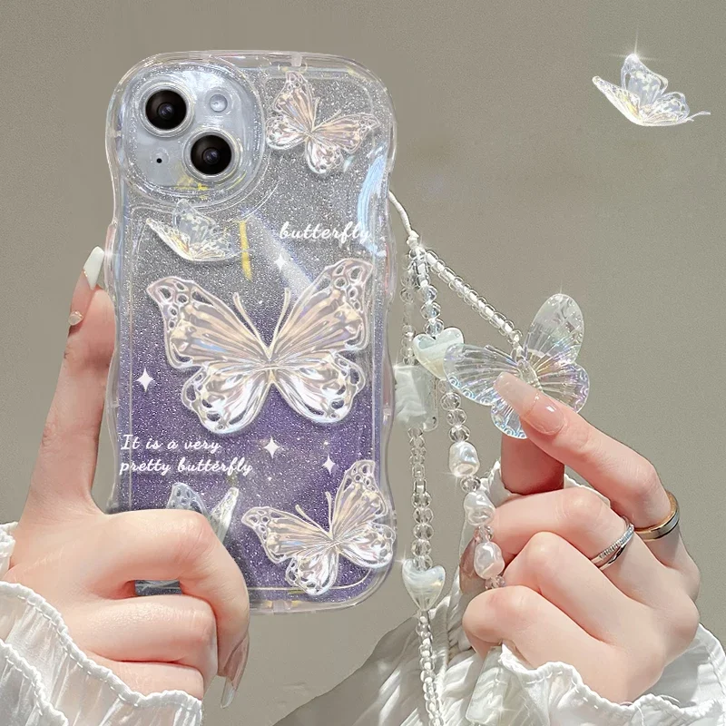 Glitter Butterfly Gradient Lanyard Case With Wrist Chain For  iPhone 16 15 14 13 12 Pro Max