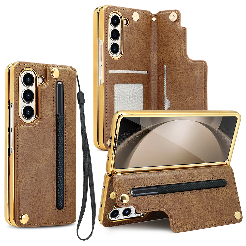 Retro Leather Card Wallet Phone Case for Samsung Galaxy Z Fold 6 5 4 With Screen Protector&Pen Slot&Hand Strap