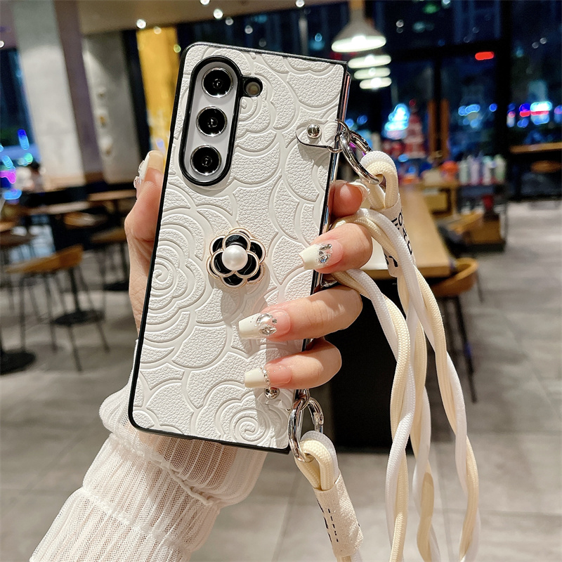 Camellia Flower Crossbody Leather Phone Case for Samsung Galaxy Z Fold 6 5 4 3