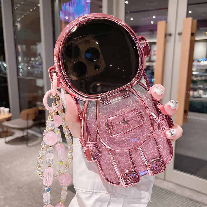 Luxury 3D Astronaut Lens Makeup Mirror Bracket Strap Phone Case For iPhone Series