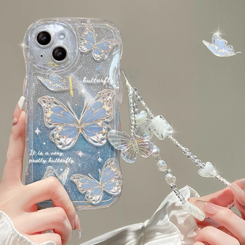 Glitter Butterfly Gradient Lanyard Case With Wrist Chain For  iPhone 16 15 14 13 12 Pro Max