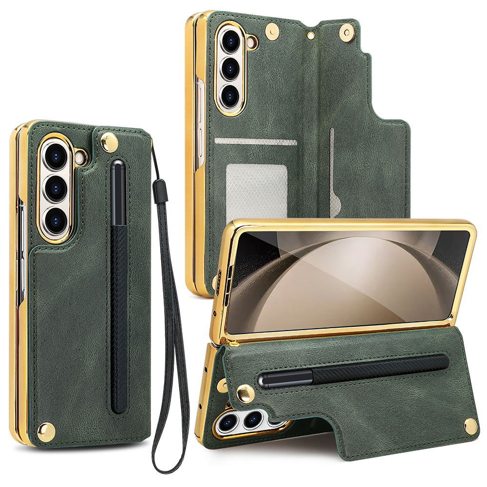 Retro Leather Card Wallet Phone Case for Samsung Galaxy Z Fold 6 5 4 With Screen Protector&Pen Slot&Hand Strap