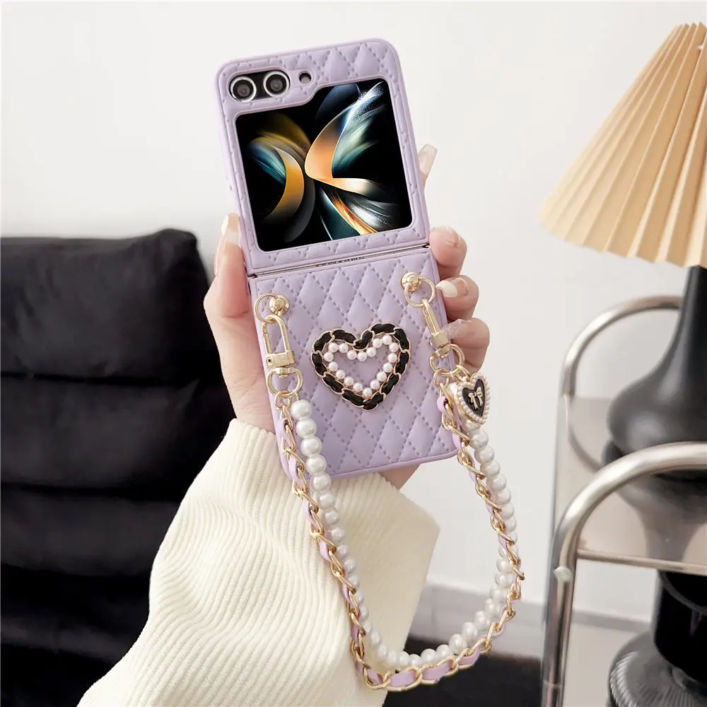 Fashion Rhombic Pearls Hand Strap Rope 3D Love Leather Case For Samsung Galaxy Z Flip 5 4 3