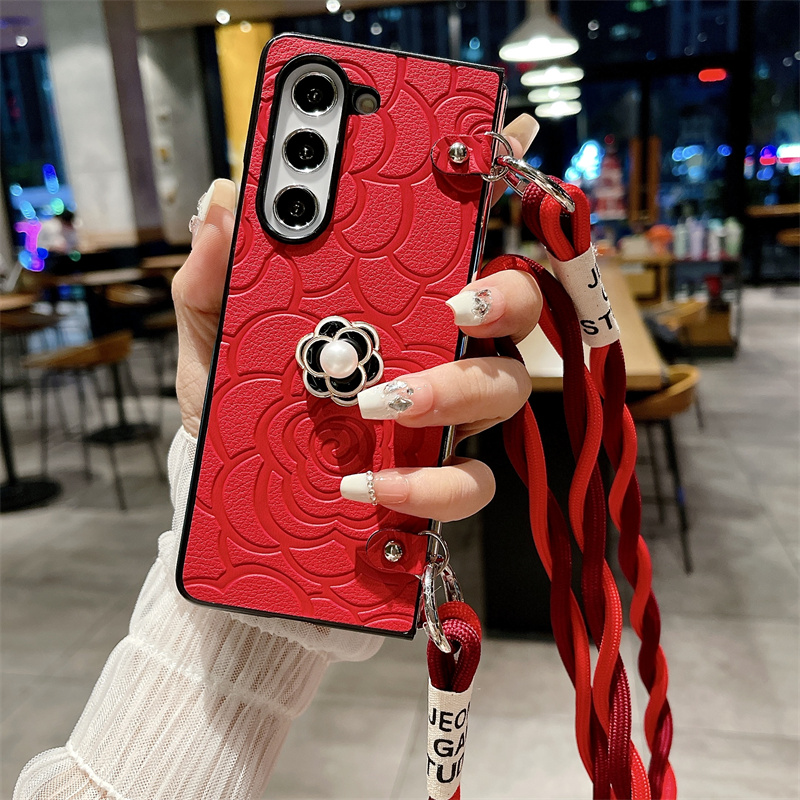 Camellia Flower Crossbody Leather Phone Case for Samsung Galaxy Z Fold 6 5 4 3