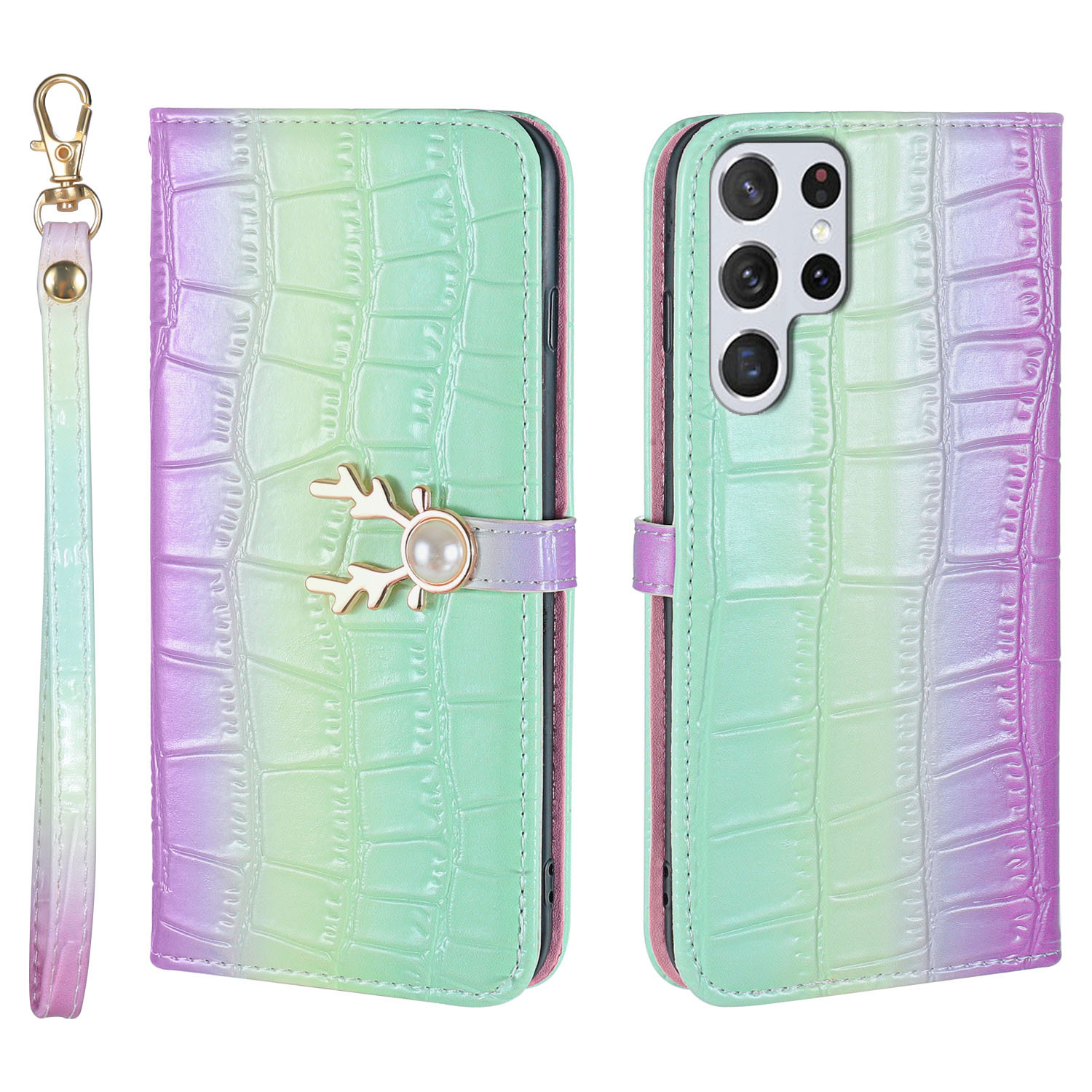 Crocodile Gradient Pattern Card Holder Phone Case For Samsung Galaxy S24 Plus Ultra