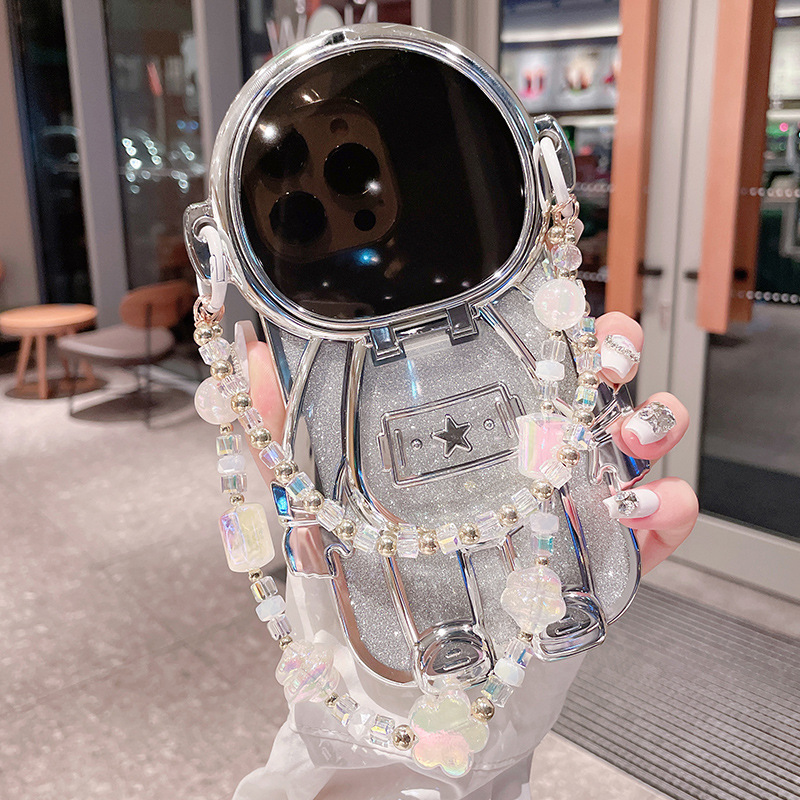 Luxury 3D Astronaut Lens Makeup Mirror Bracket Strap Phone Case For iPhone Series