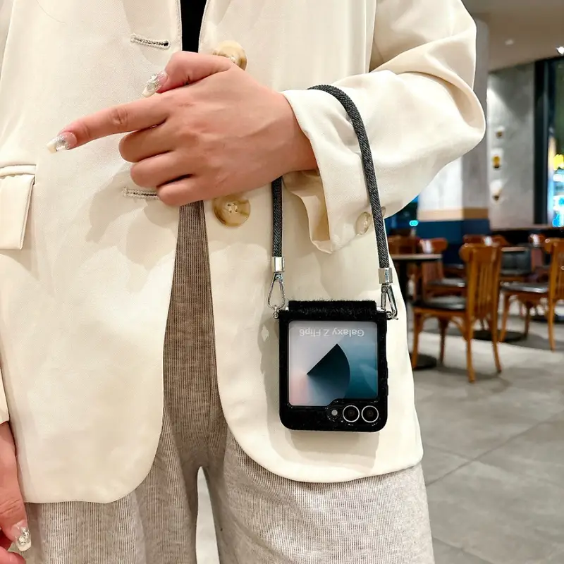 Six-color Winter Plush Side Buckle + Hand Rope for SamSung Folding Mobile Phone Case Suitable for SamSung All-inclusive Anti-fall Protective Case Creative Simple Niche for SamSung for Galaxy Z Flip3 for Galaxy Z Flip4 for Galaxy Z Flip5 for Galaxy Z Flip6 details 4