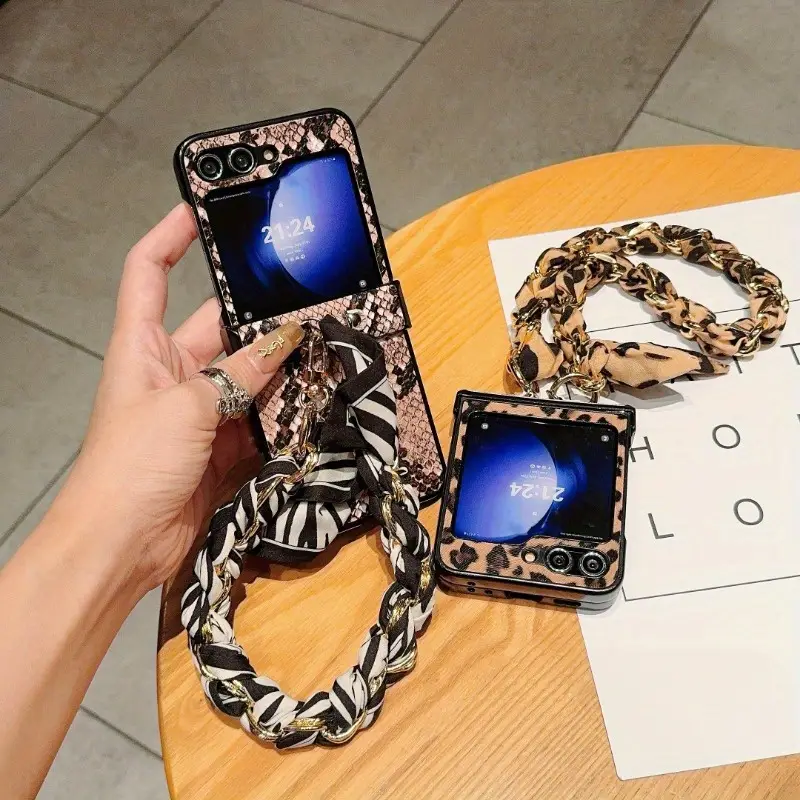 Fashionable & Elegant Leopard & Snake Print Phone Case with Scarf For Samsung Galaxy Z Flip 6/5/4/3