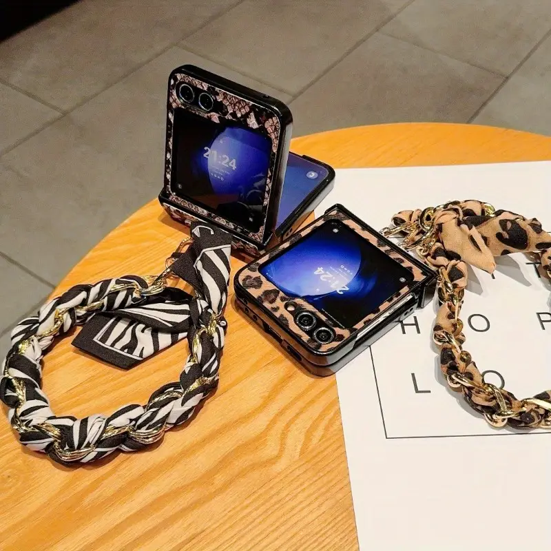 Fashionable & Elegant Leopard & Snake Print Phone Case with Scarf For Samsung Galaxy Z Flip 6/5/4/3