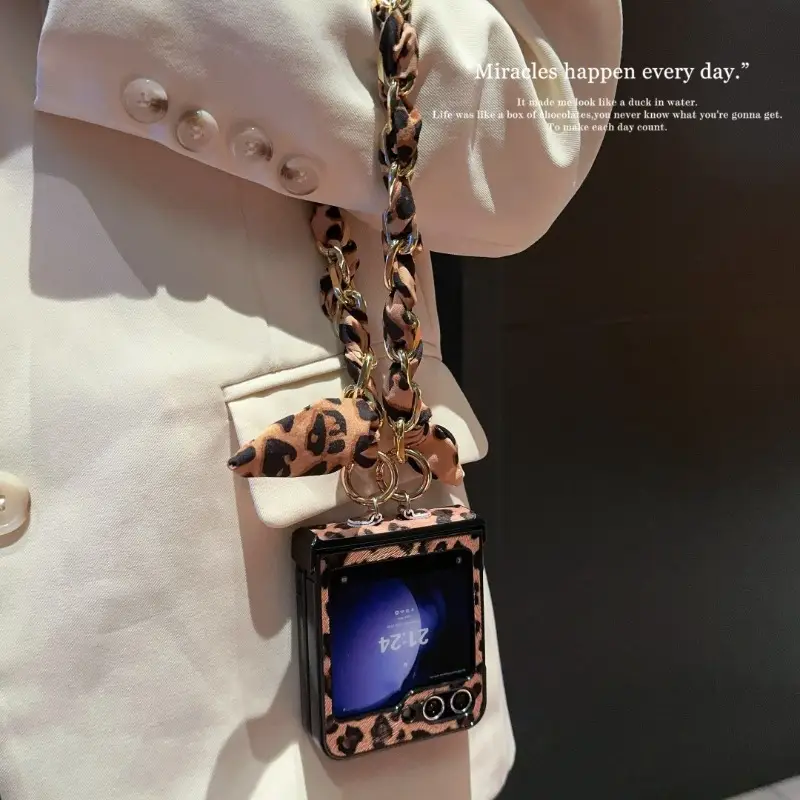 Fashionable & Elegant Leopard & Snake Print Phone Case with Scarf For Samsung Galaxy Z Flip 6/5/4/3