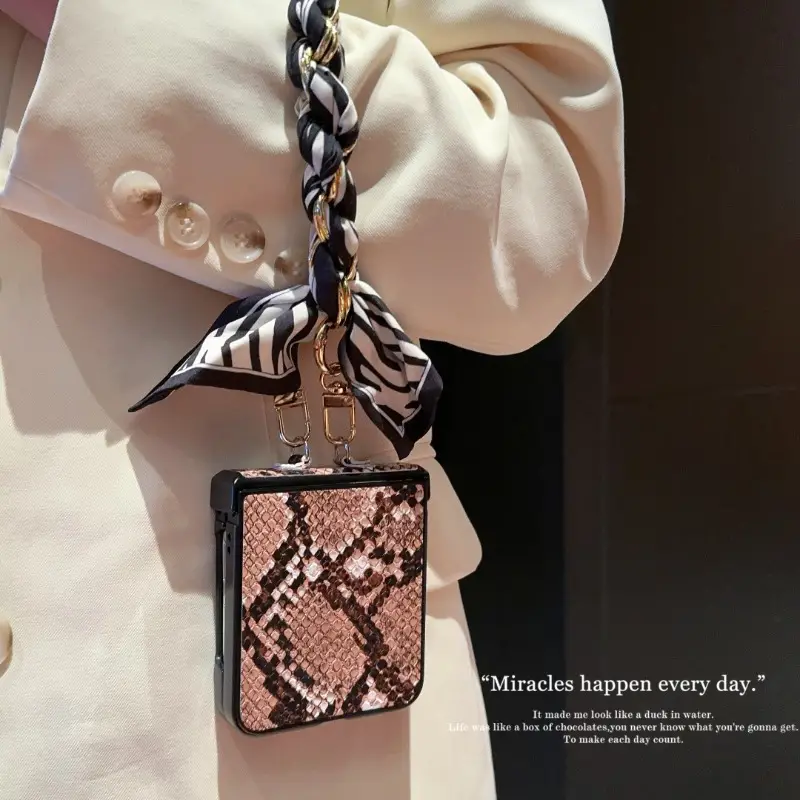 Fashionable & Elegant Leopard & Snake Print Phone Case with Scarf For Samsung Galaxy Z Flip 6/5/4/3